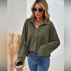 NWOT SHEIN Half Button Drop Shoulder Long Sleeve Waffle Medium Green
